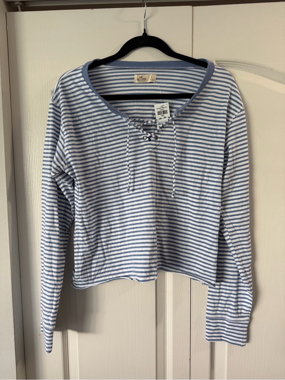 Hollister Light Blue & White Striped Lace-Up Long Sleeve Top